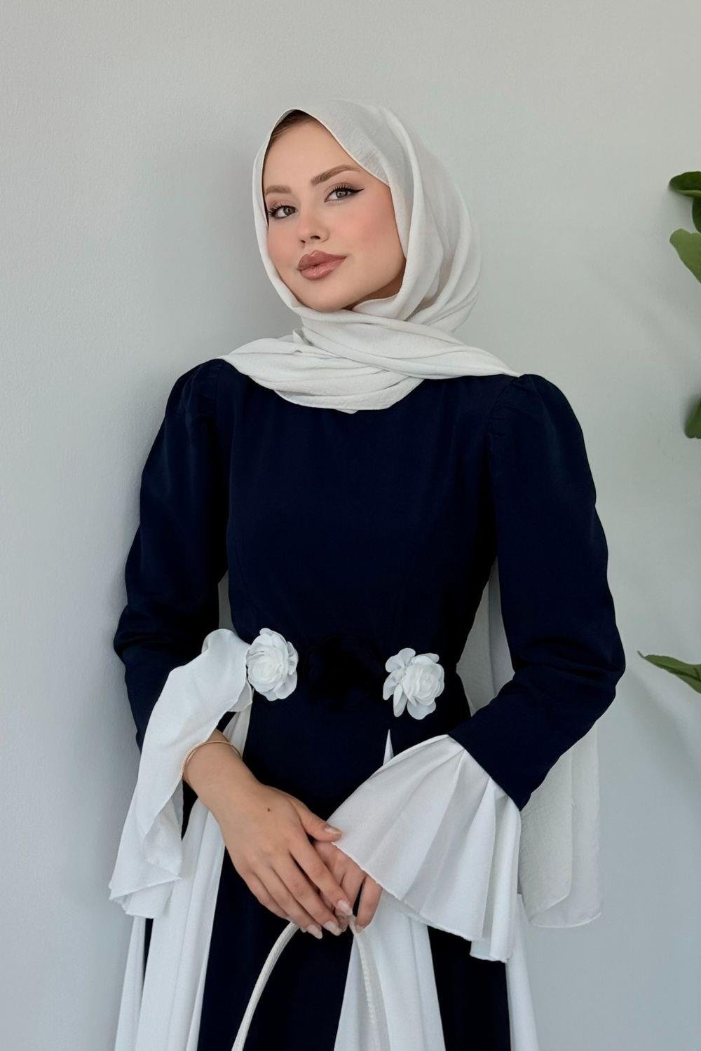 Kran Çift Renkli Elbise Lacivert 1083 