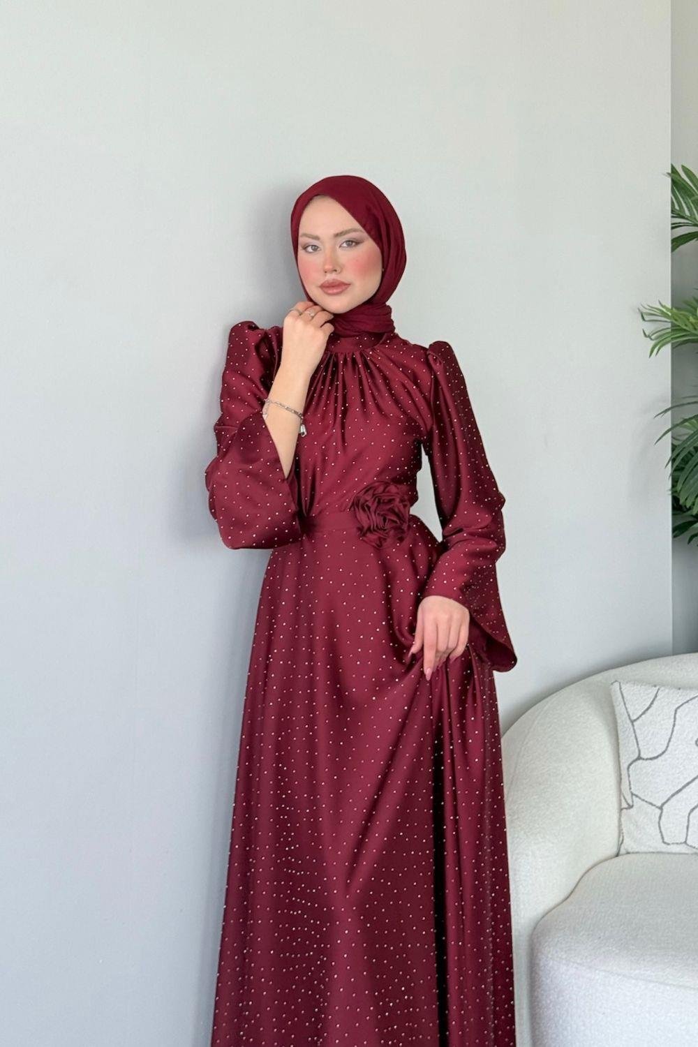 Taşlı Gül Tokalı Abiye Bordo 11210 