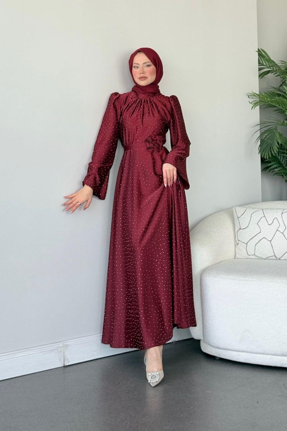 Taşlı Gül Tokalı Abiye Bordo 11210 