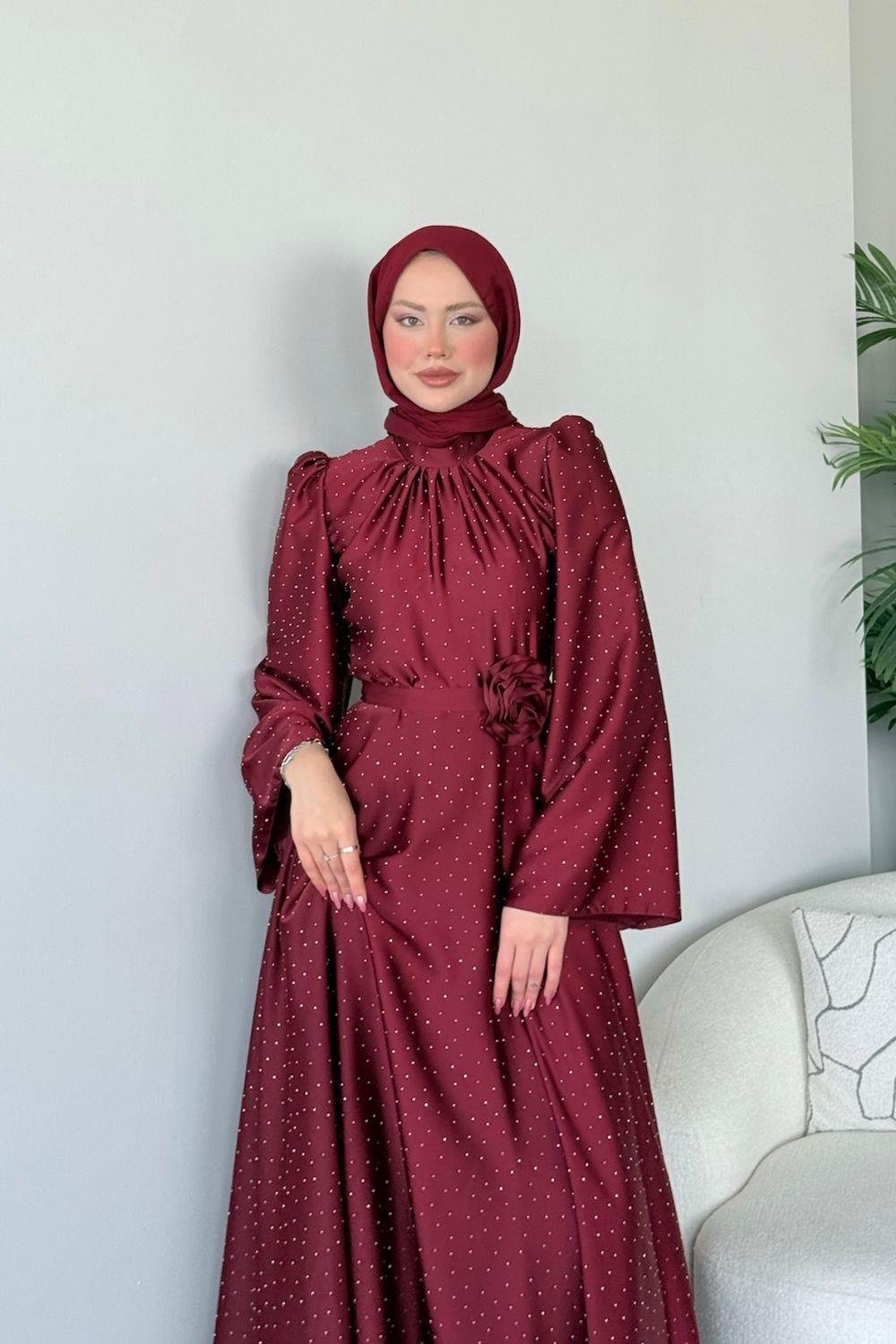 Taşlı Gül Tokalı Abiye Bordo 11210 