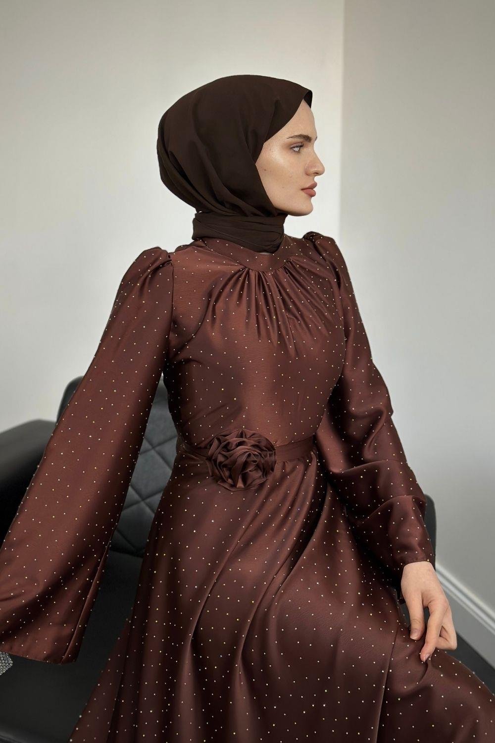 Taşlı Gül Tokalı Abiye Kahverengi 11210 