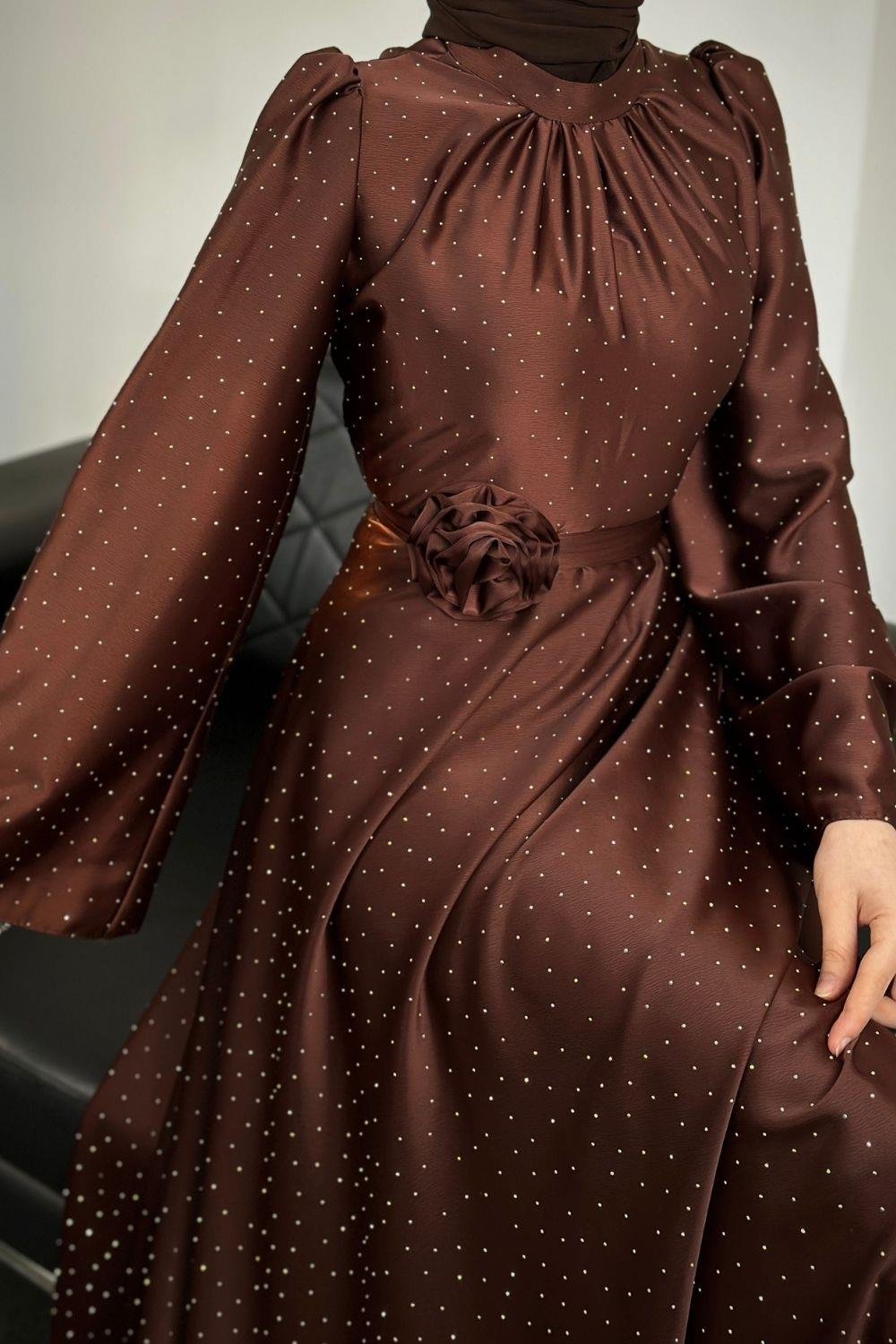 Taşlı Gül Tokalı Abiye Kahverengi 11210 