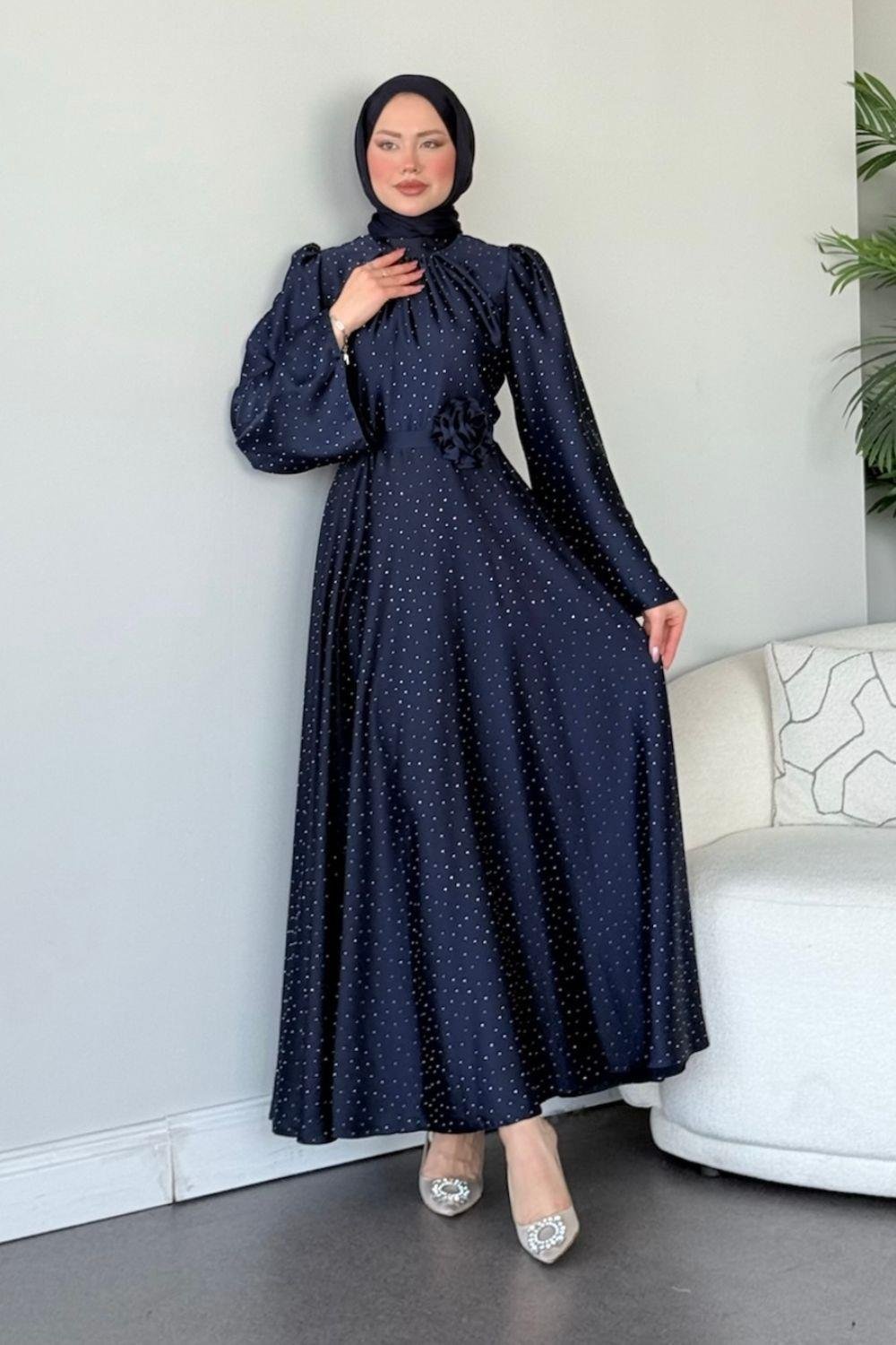 Taşlı Gül Tokalı Abiye Lacivert 11210 