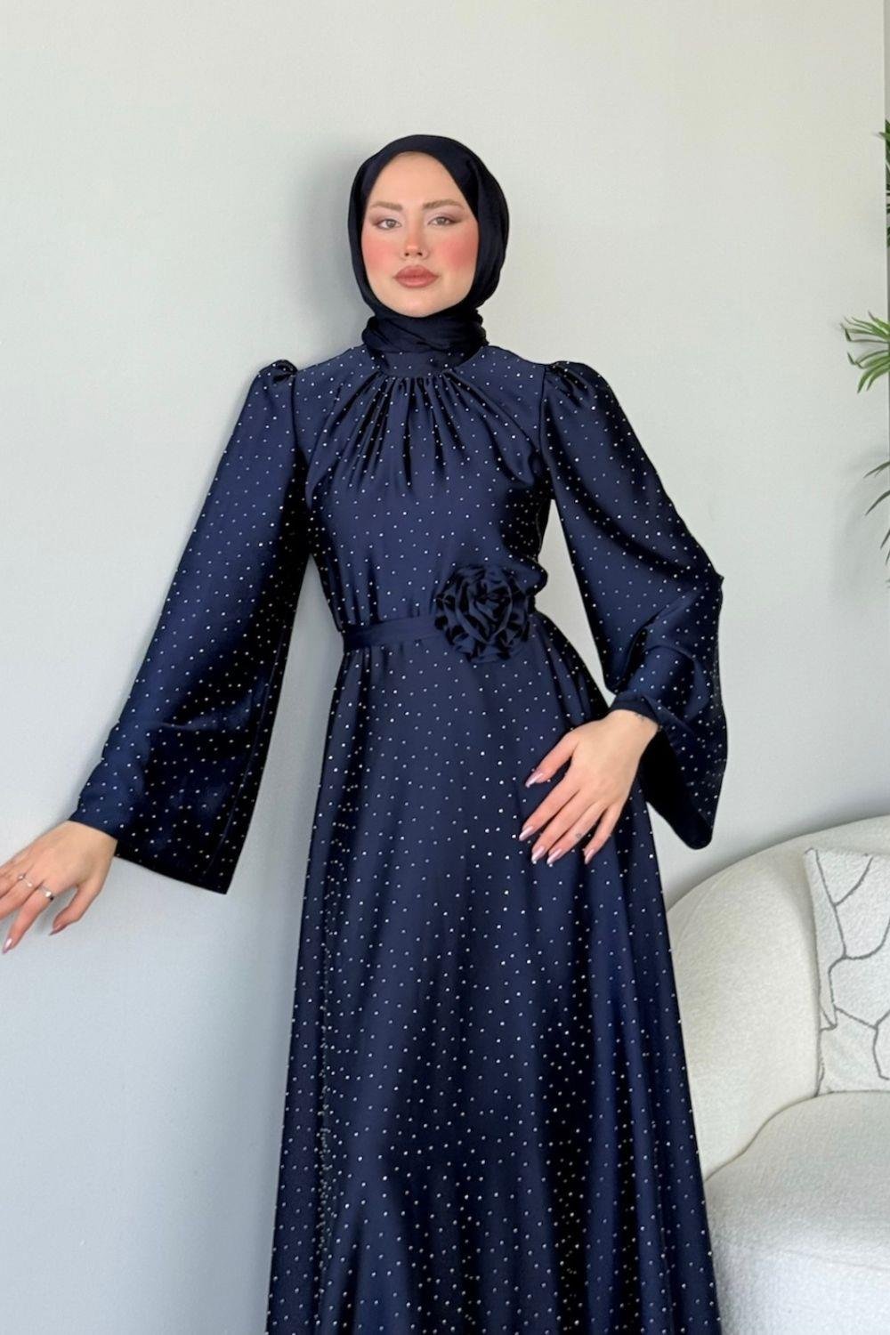 Taşlı Gül Tokalı Abiye Lacivert 11210 