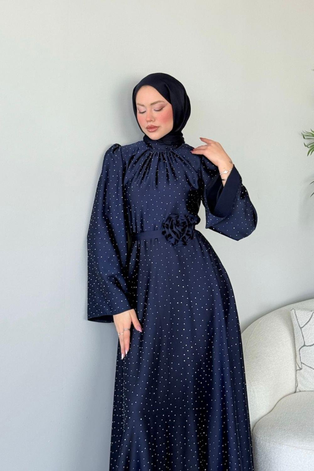 Taşlı Gül Tokalı Abiye Lacivert 11210 