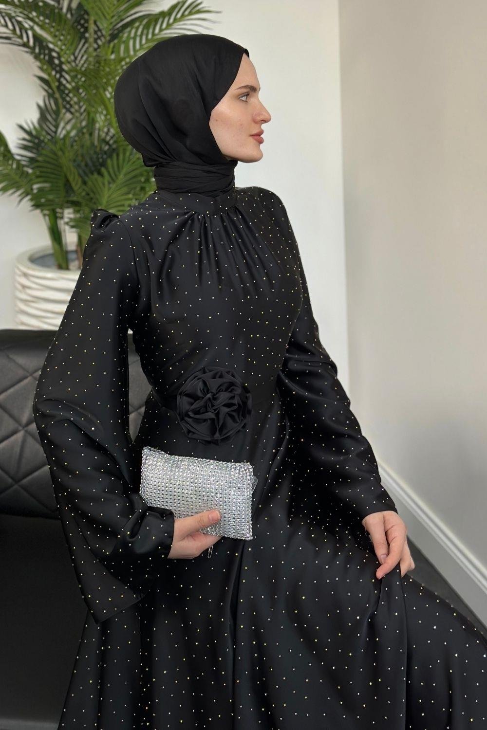 Taşlı Gül Tokalı Abiye Siyah 11210 