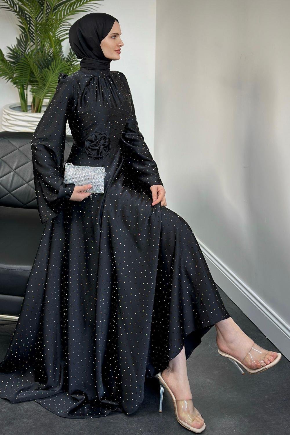 Taşlı Gül Tokalı Abiye Siyah 11210 