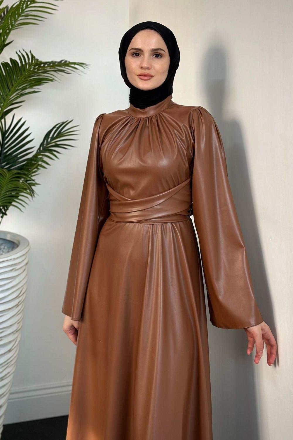 Çapraz Kemerrli Deri Elbise Kahverengi 11501 