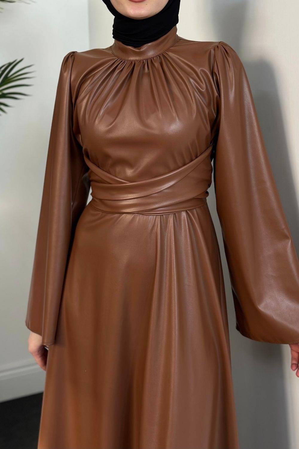 Çapraz Kemerrli Deri Elbise Kahverengi 11501 