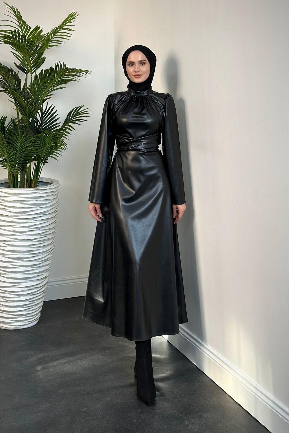 Çapraz Kemerrli Deri Elbise Siyah 11501 