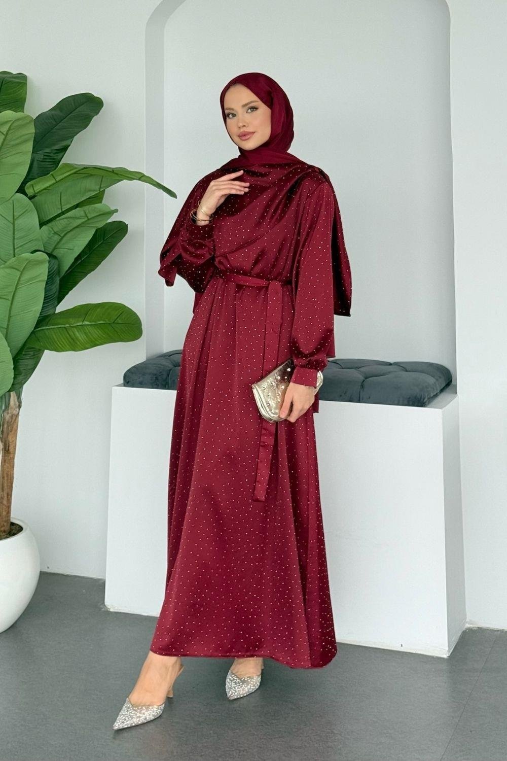 Su Taşlı Elbise Bordo 1158 