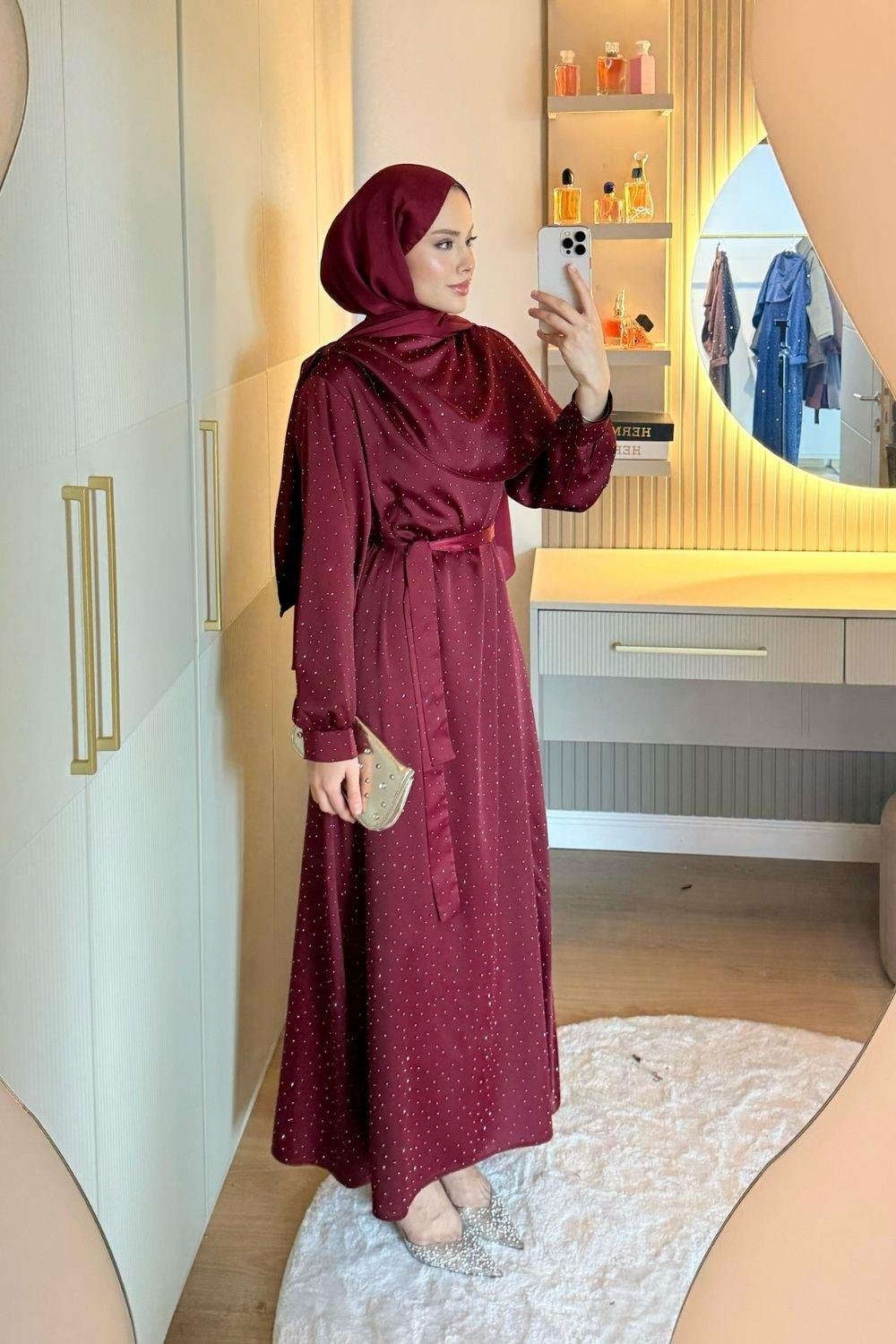 Su Taşlı Elbise Bordo 1158 