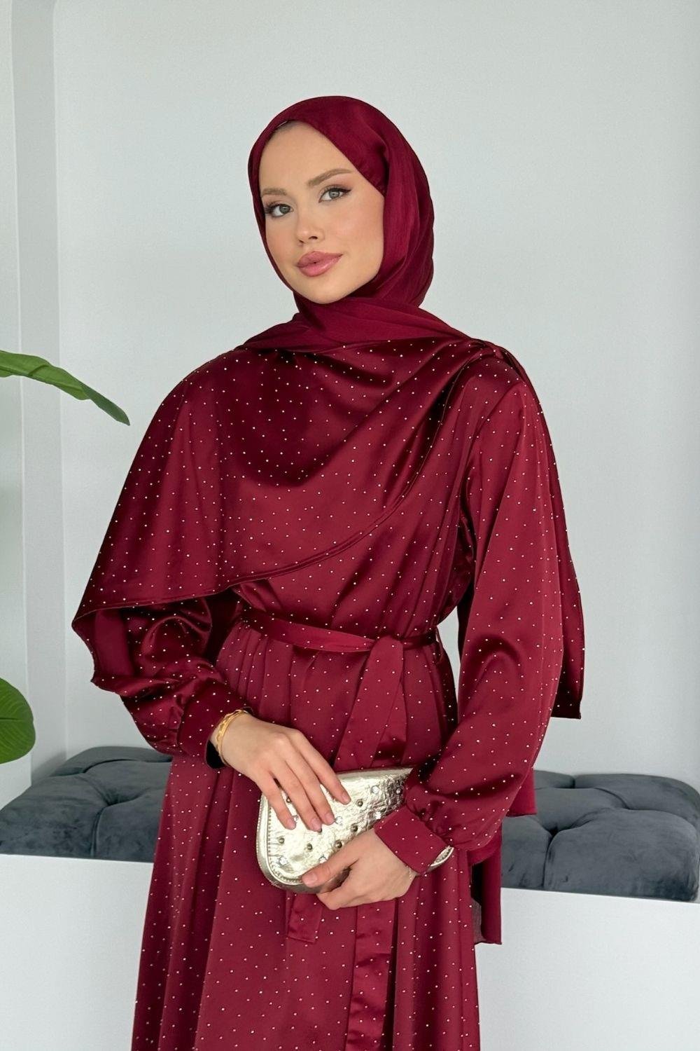 Su Taşlı Elbise Bordo 1158 