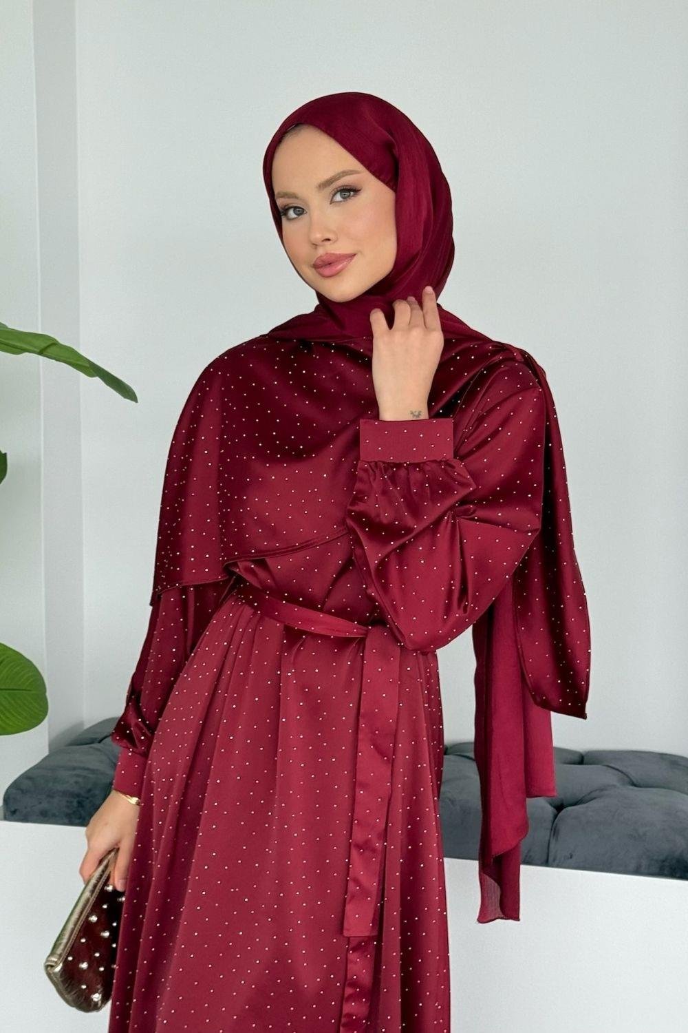 Su Taşlı Elbise Bordo 1158 