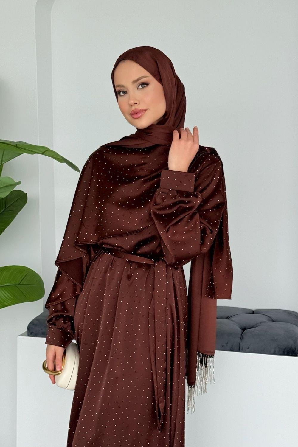 Su Taşlı Elbise Kahverengi 1158 