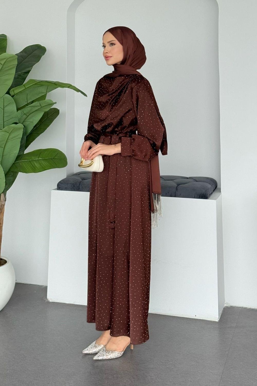 Su Taşlı Elbise Kahverengi 1158 