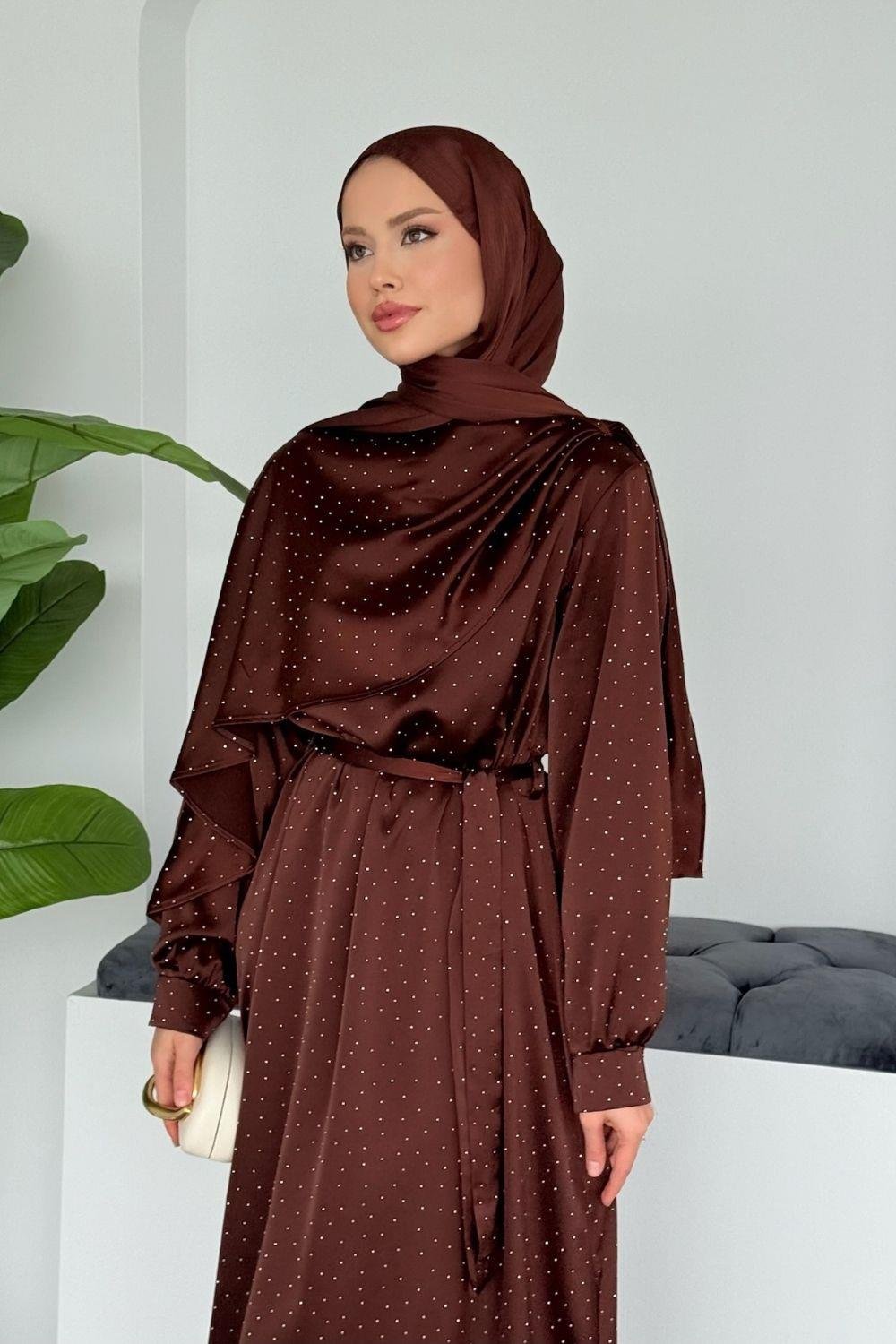 Su Taşlı Elbise Kahverengi 1158 