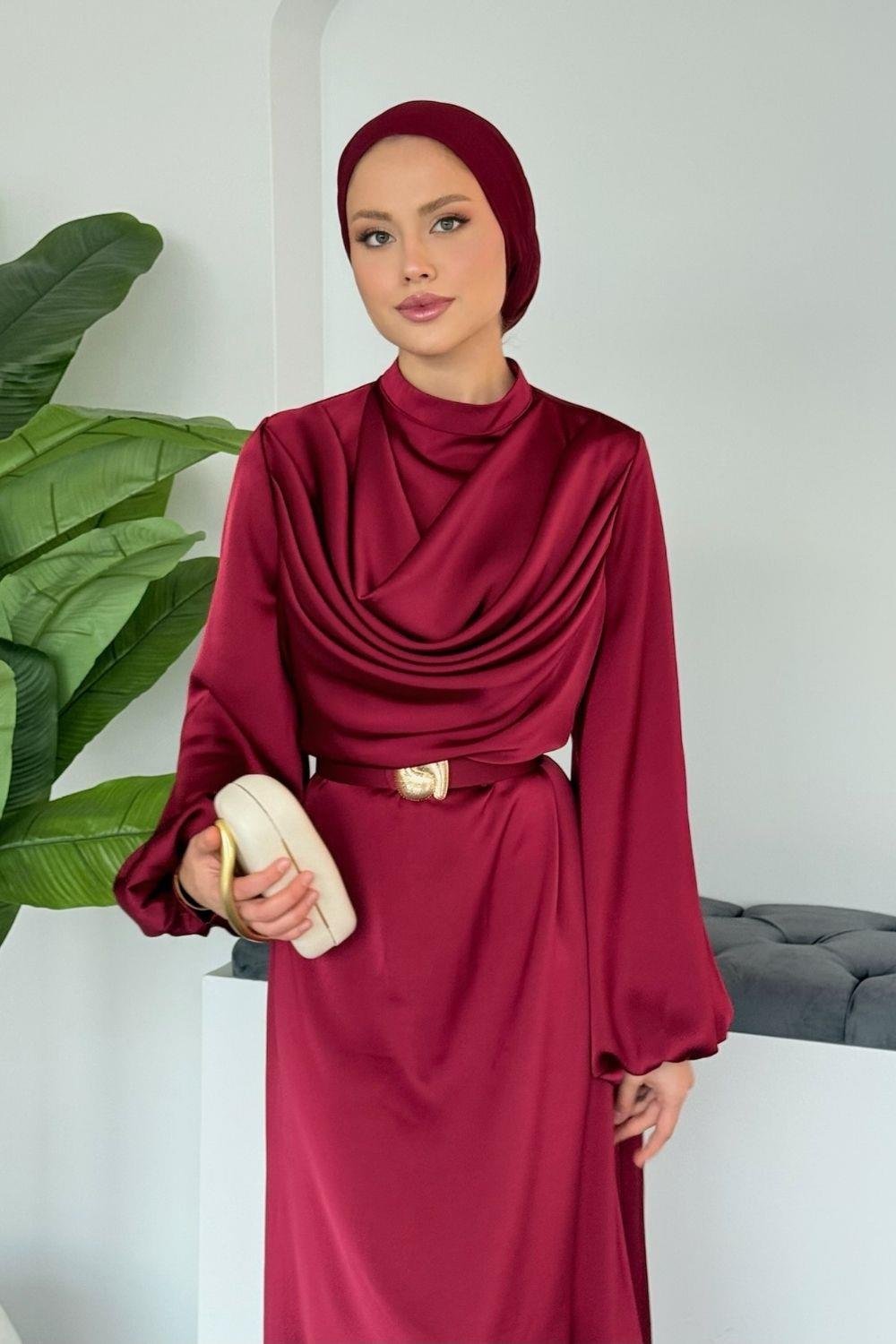 Degaje Saten Elbise Bordo 1162 