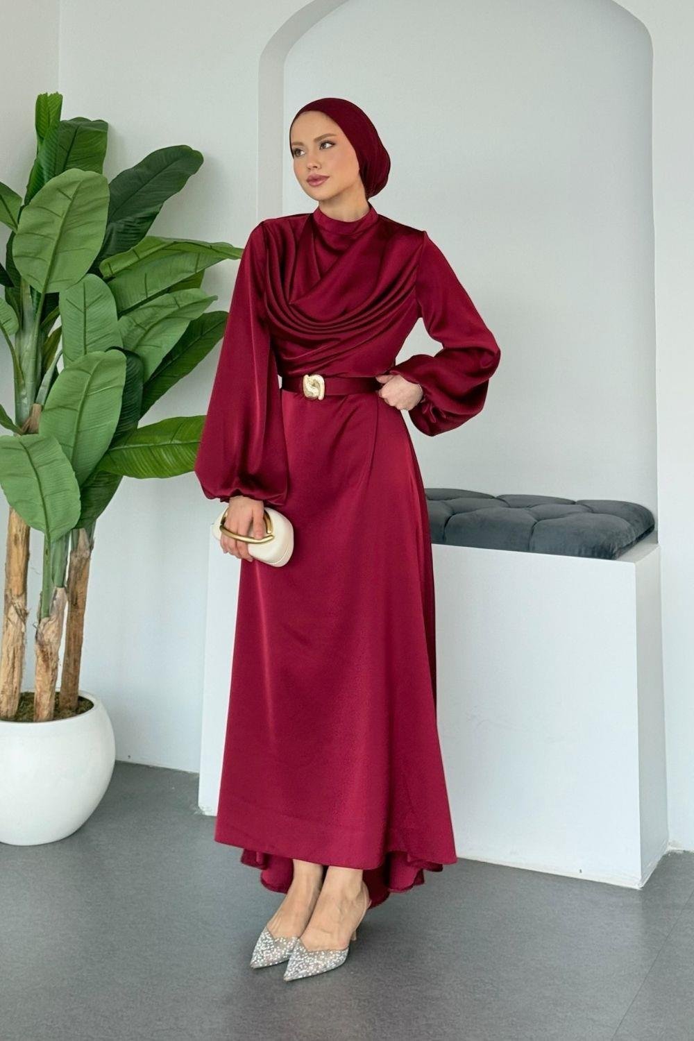 Degaje Saten Elbise Bordo 1162 