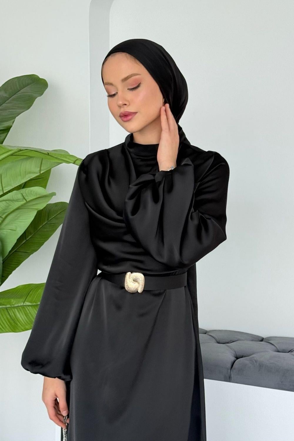 Degaje Saten Elbise Siyah 1162 