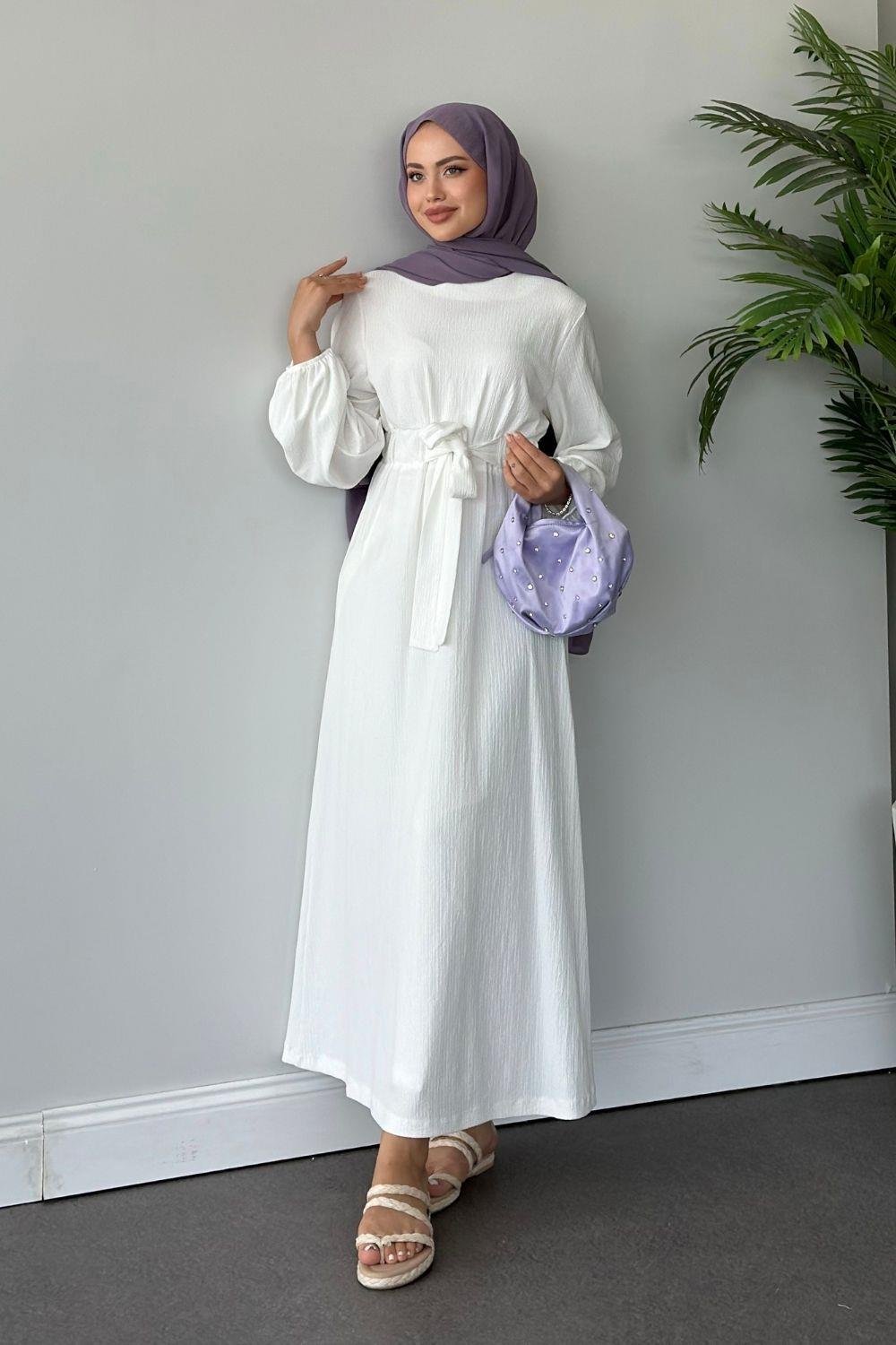 Tamay Kendinden Kemerli Elbise Beyaz 1263 