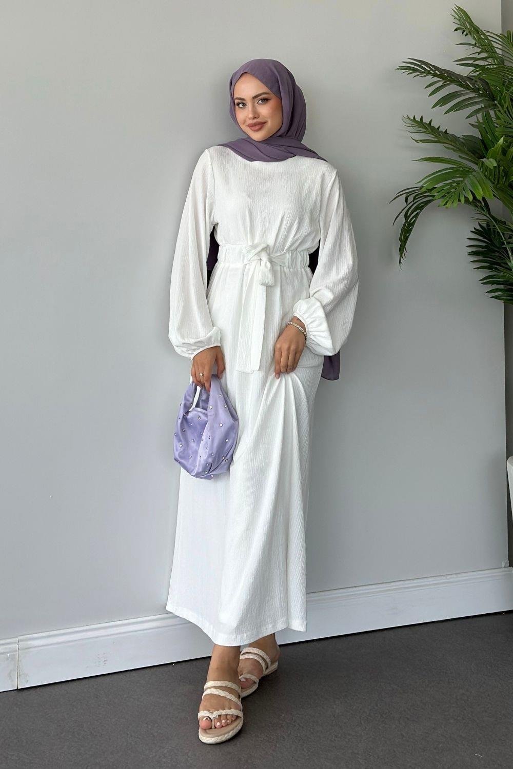 Tamay Kendinden Kemerli Elbise Beyaz 1263 