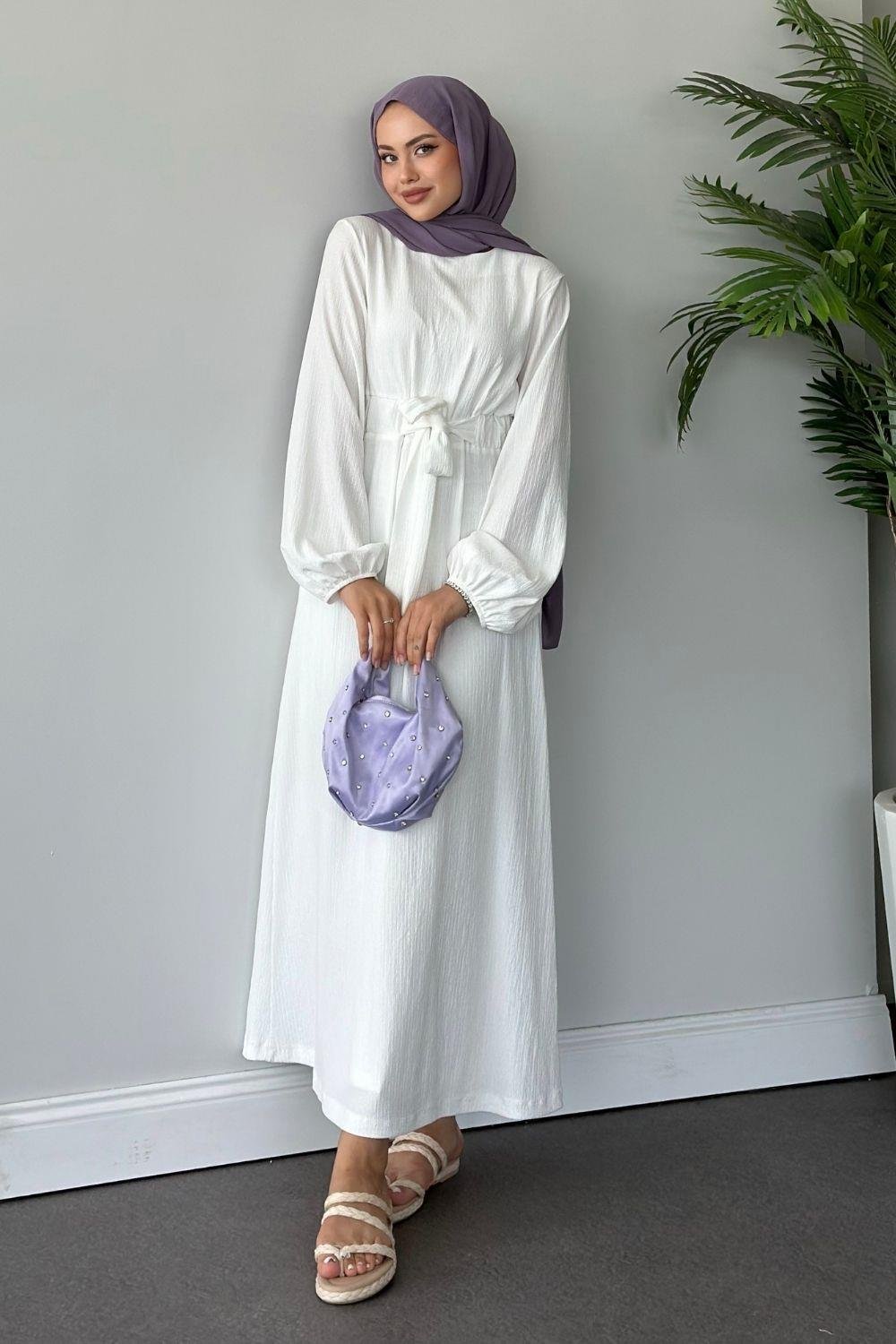 Tamay Kendinden Kemerli Elbise Beyaz 1263 