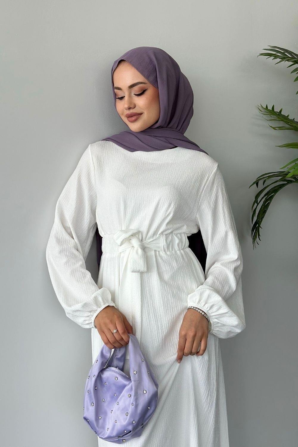 Tamay Kendinden Kemerli Elbise Beyaz 1263 