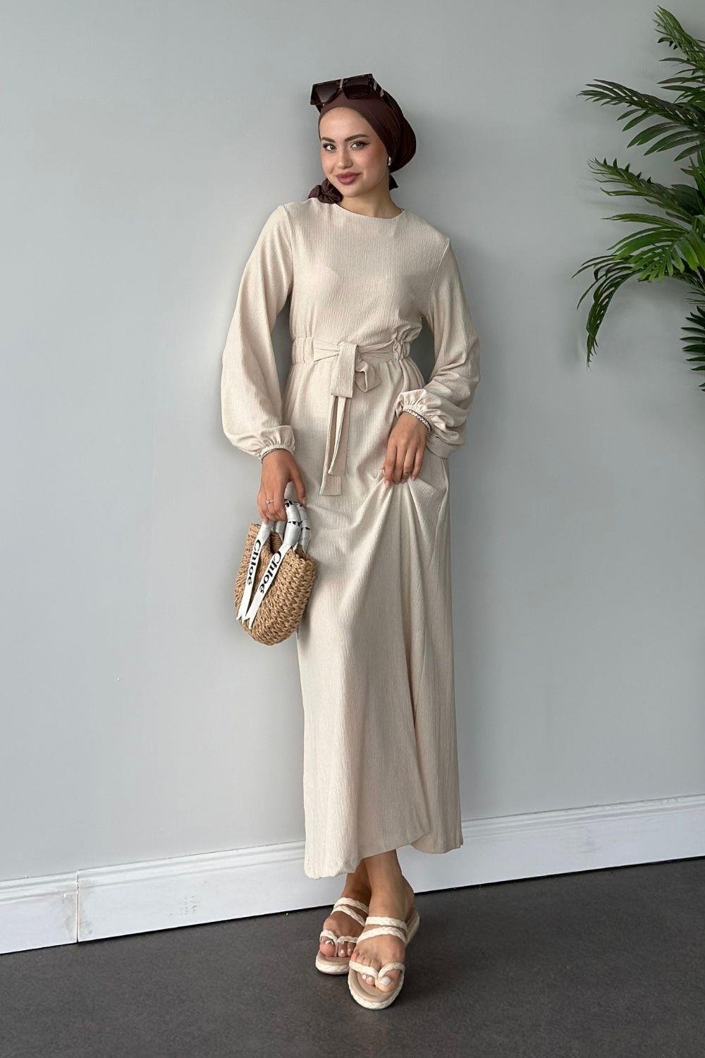 Tamay Kendinden Kemerli Elbise Bej 1263 