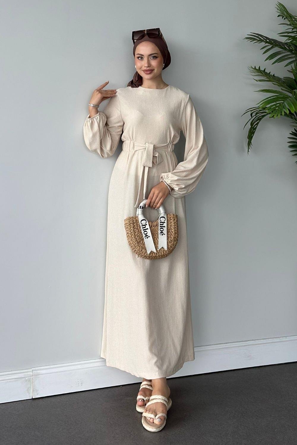 Tamay Kendinden Kemerli Elbise Bej 1263 