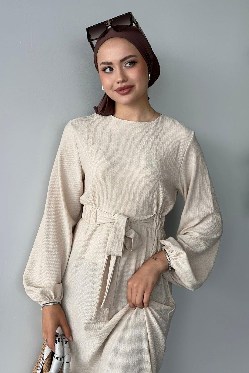 Tamay Kendinden Kemerli Elbise Bej 1263 