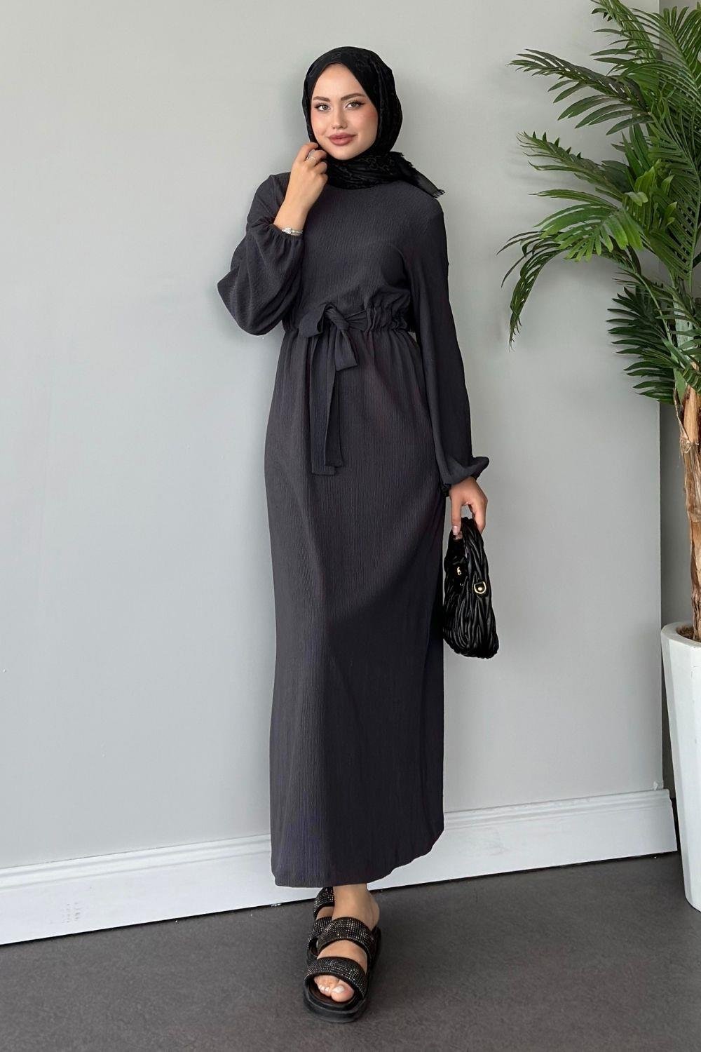 Tamay Kendinden Kemerli Elbise Füme 1263 