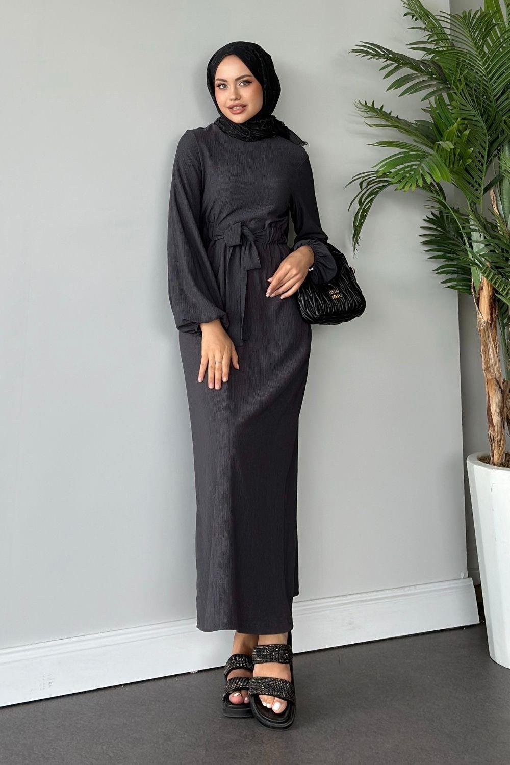 Tamay Kendinden Kemerli Elbise Füme 1263 