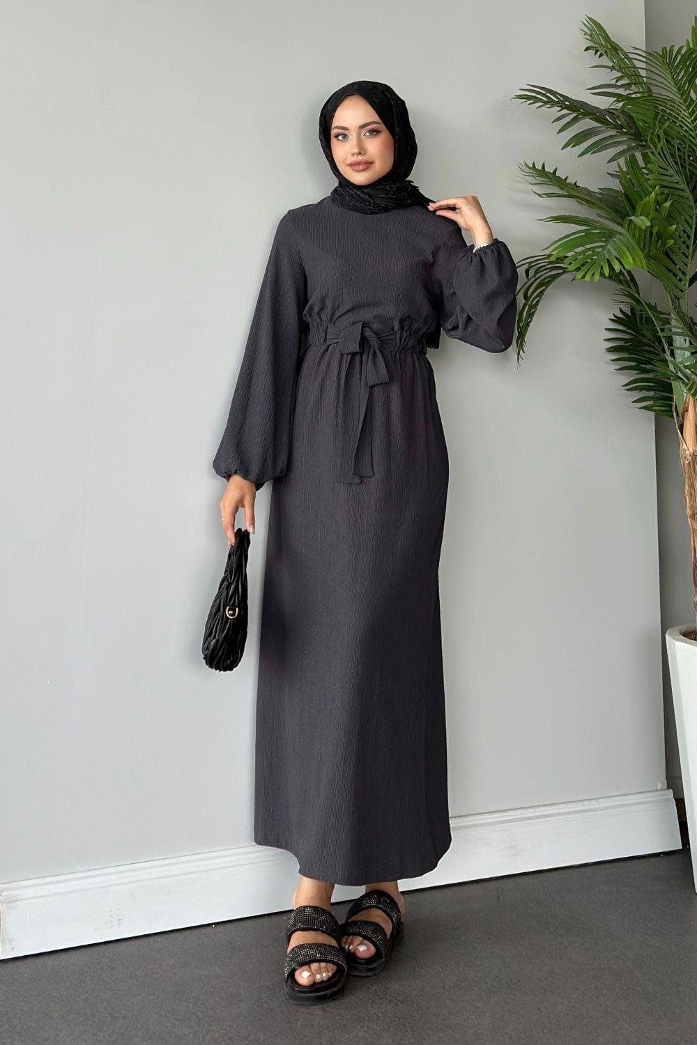 Tamay Kendinden Kemerli Elbise Füme 1263 