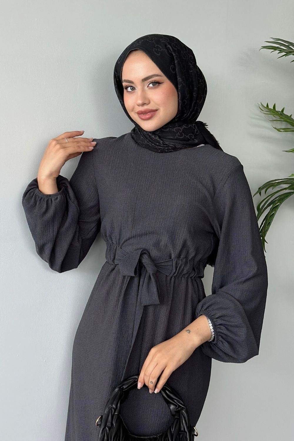 Tamay Kendinden Kemerli Elbise Füme 1263 