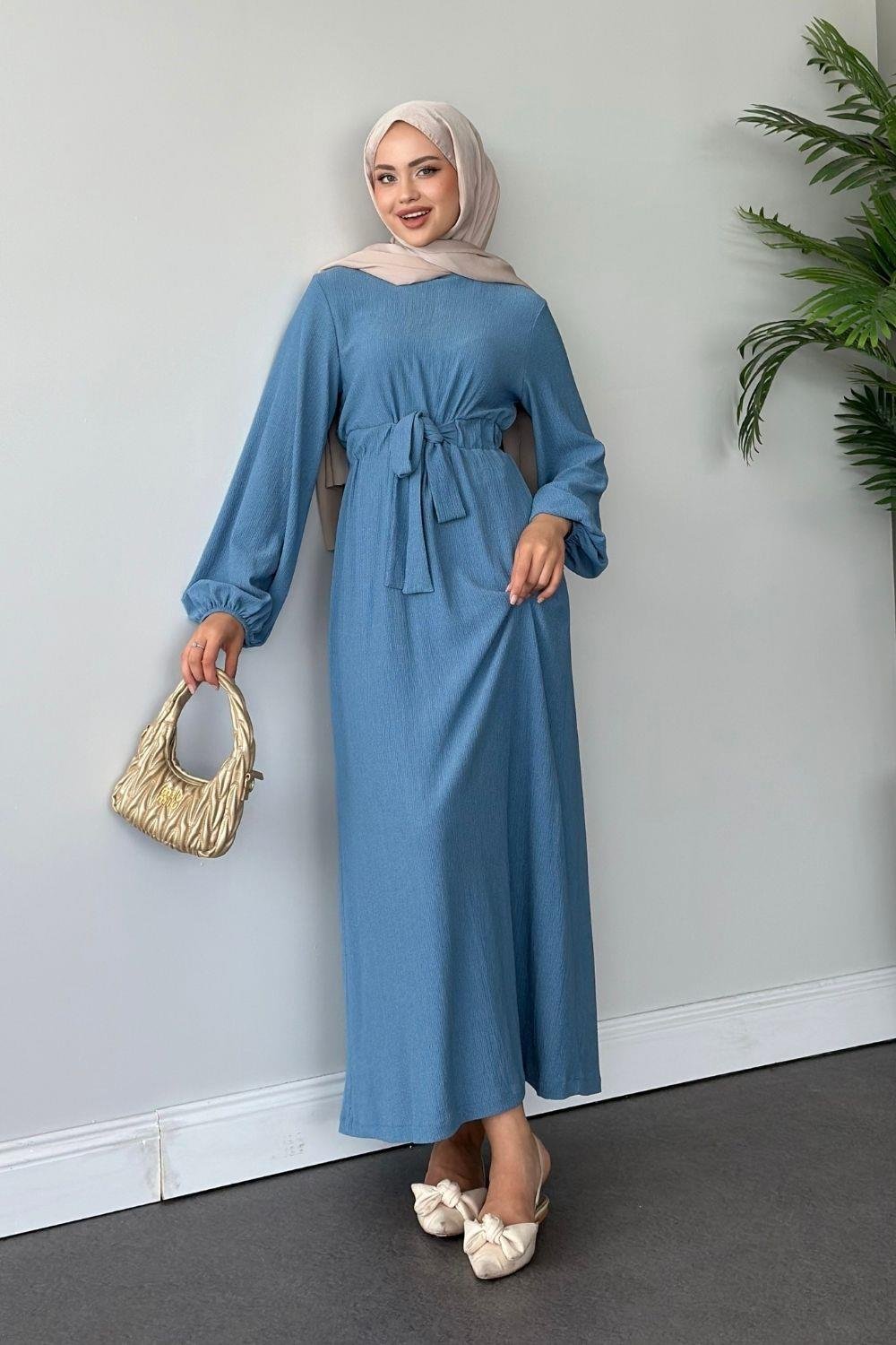 Tamay Kendinden Kemerli Elbise İndigo 1263 