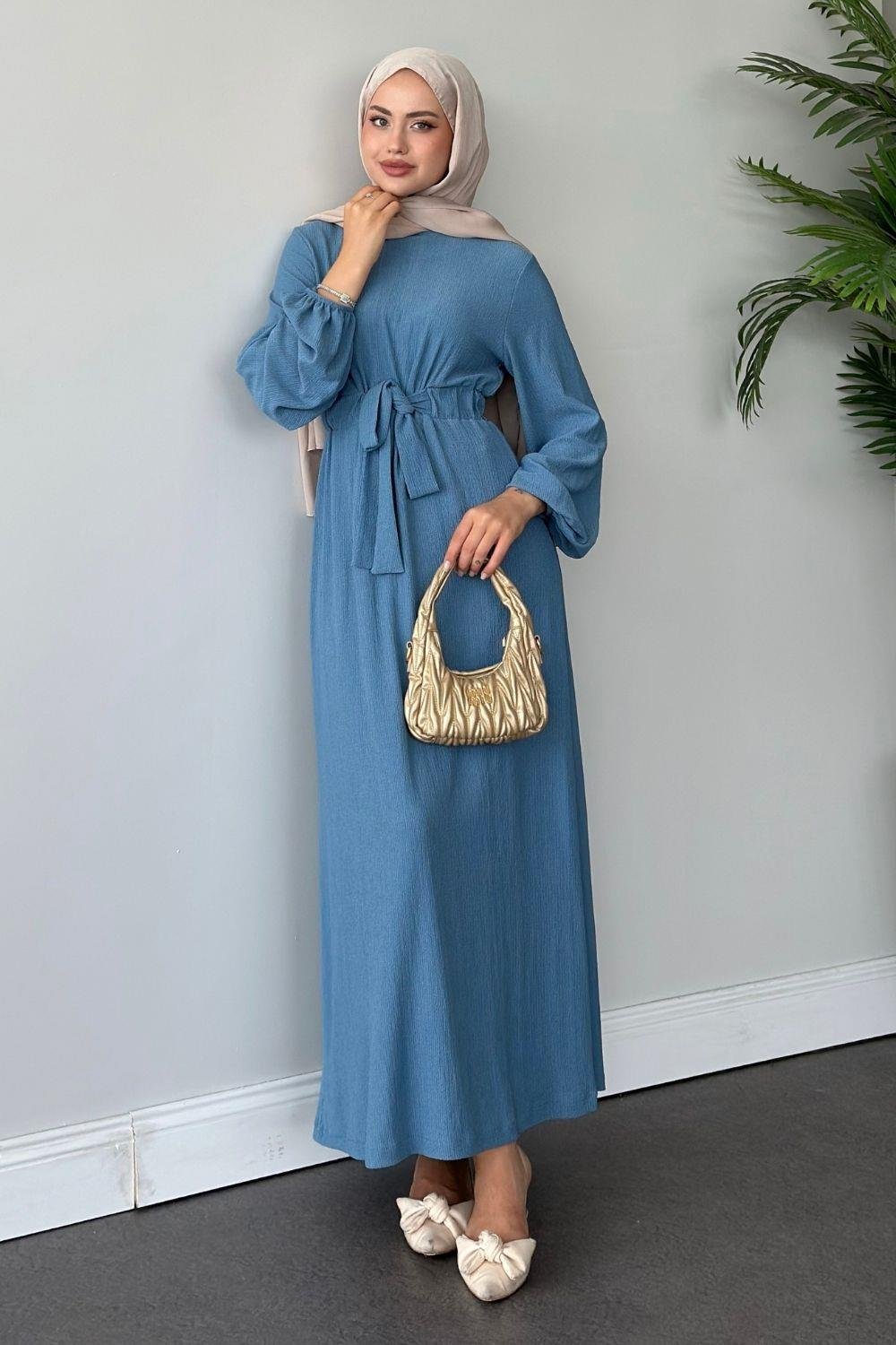 Tamay Kendinden Kemerli Elbise İndigo 1263 