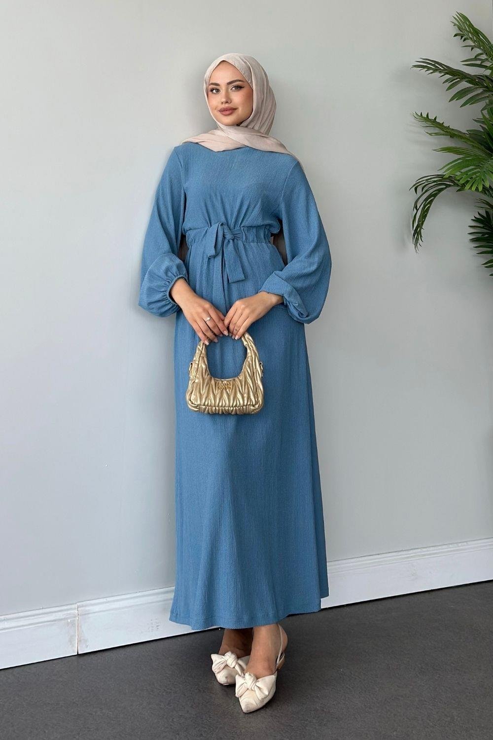 Tamay Kendinden Kemerli Elbise İndigo 1263 