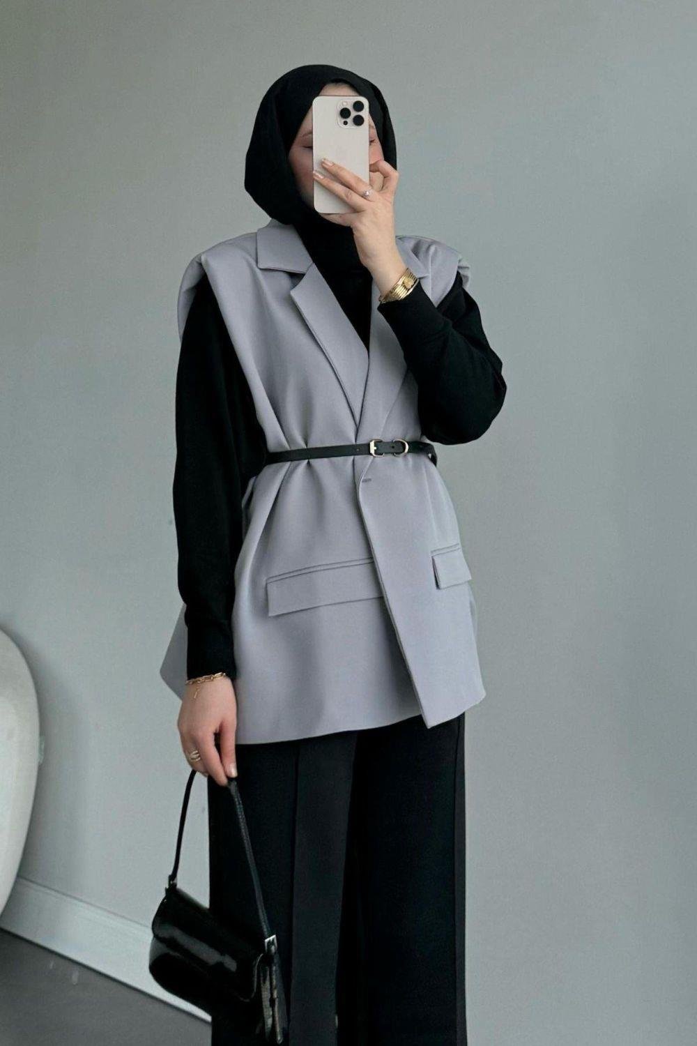 Kemerli Blazer Ceket Gri 13000 