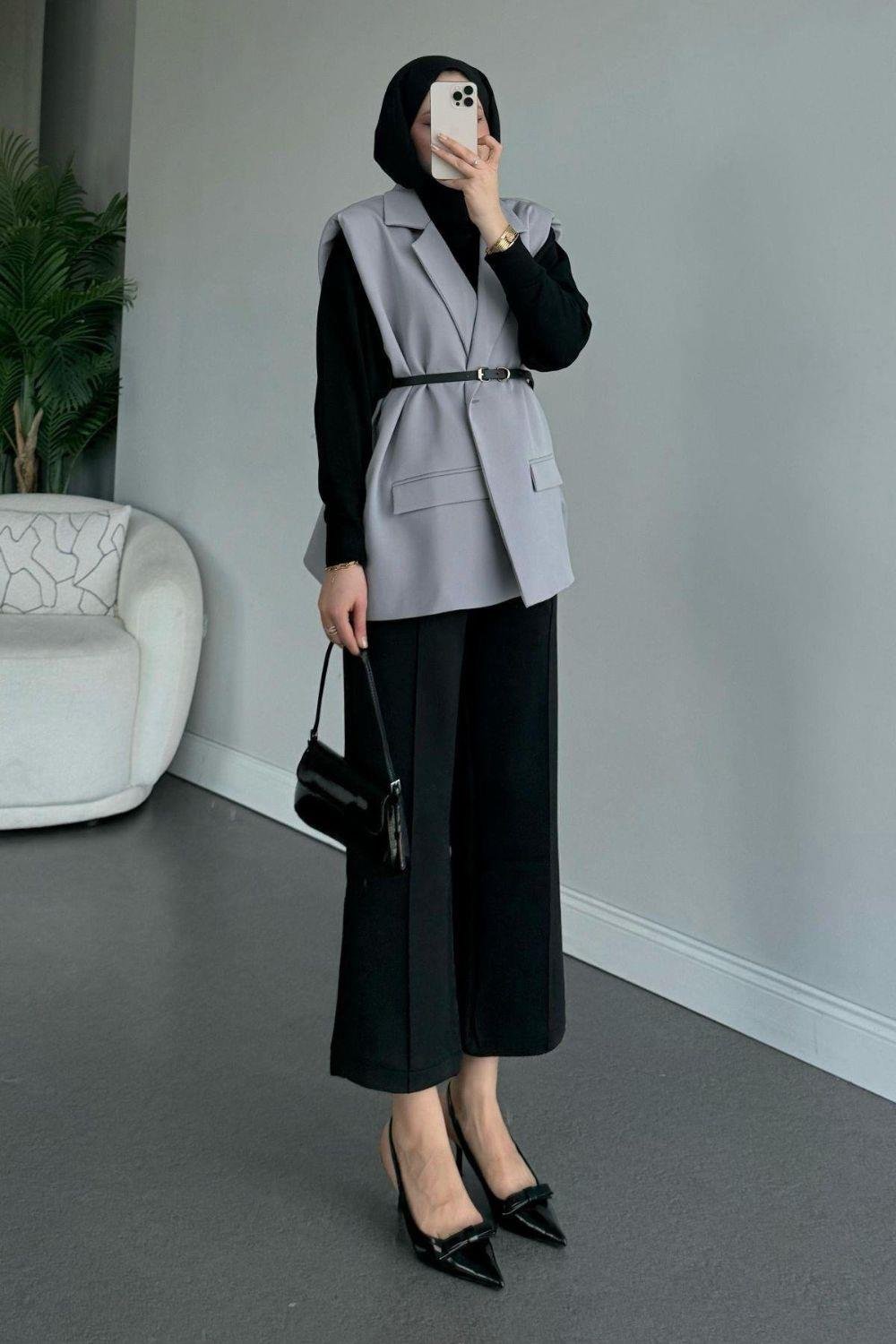 Kemerli Blazer Ceket Gri 13000 