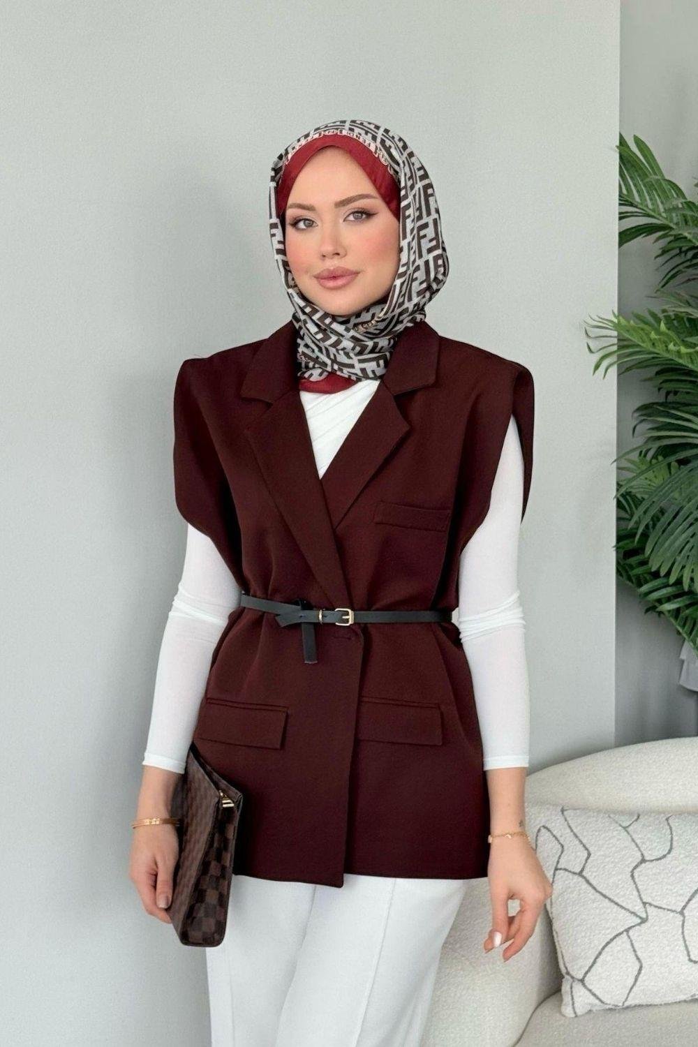 Kemerli Blazer Yelek Acı Kahve 13000 