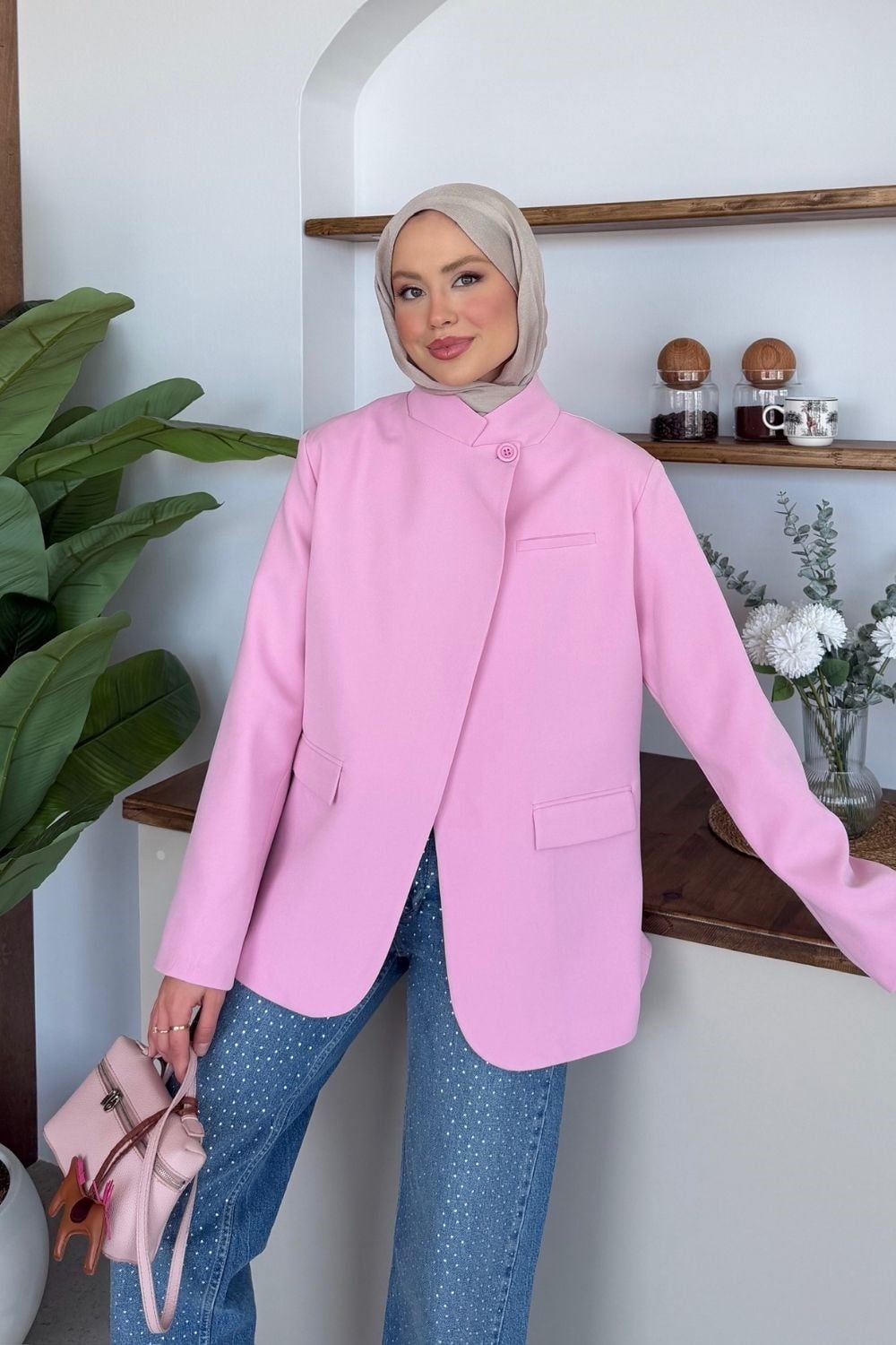Diva Tek Düğmeli Ceket Pembe 1309 