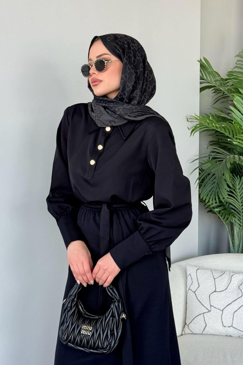 Gold Detaylı Krep Elbise Siyah 1319 