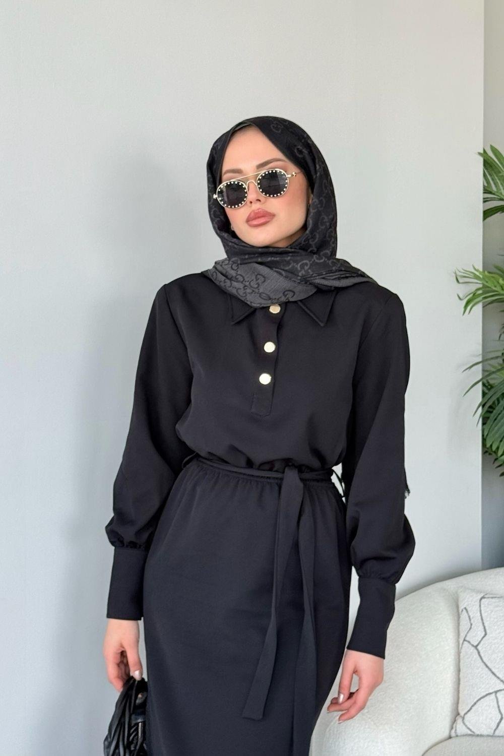 Gold Detaylı Krep Elbise Siyah 1319 