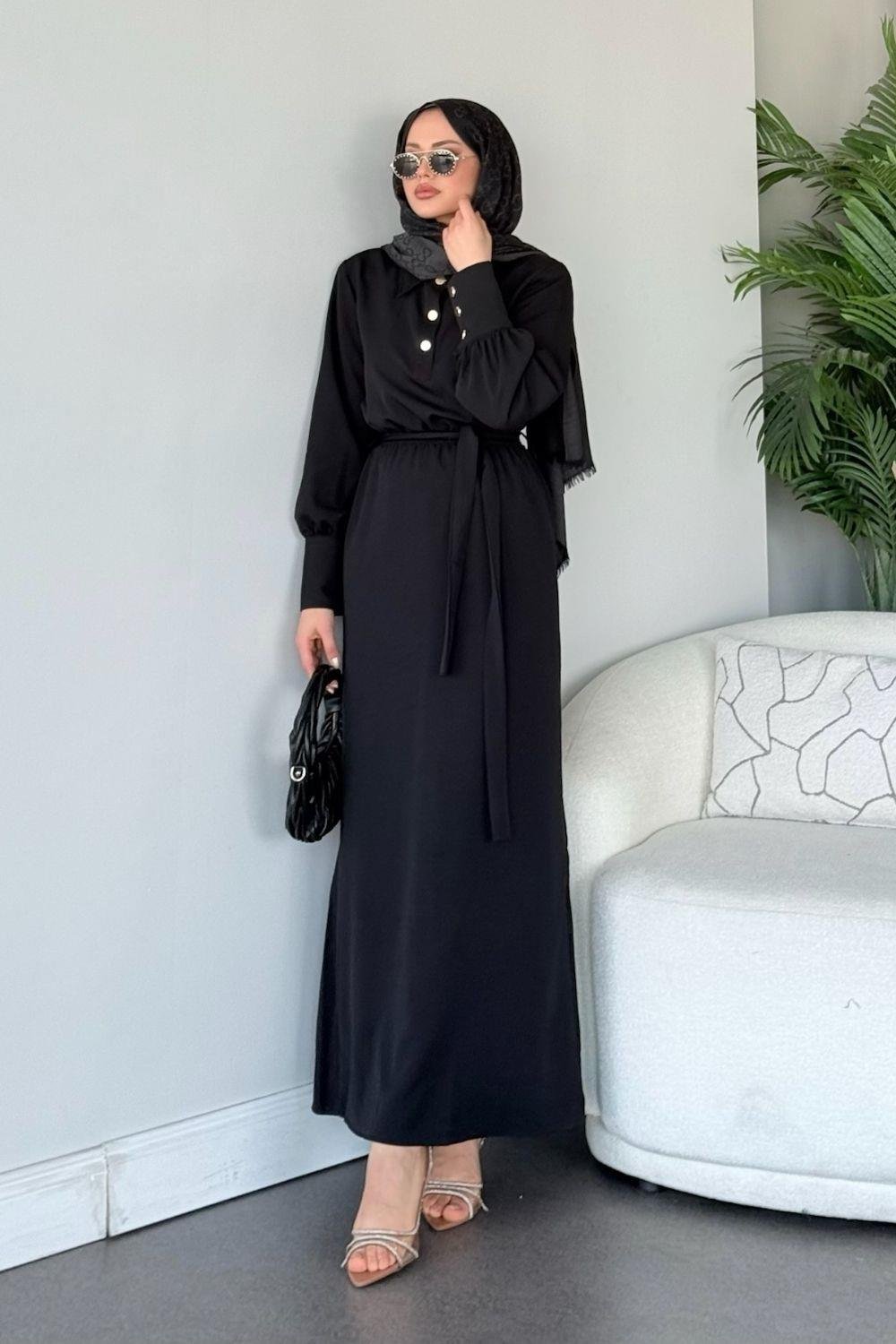 Gold Detaylı Krep Elbise Siyah 1319 