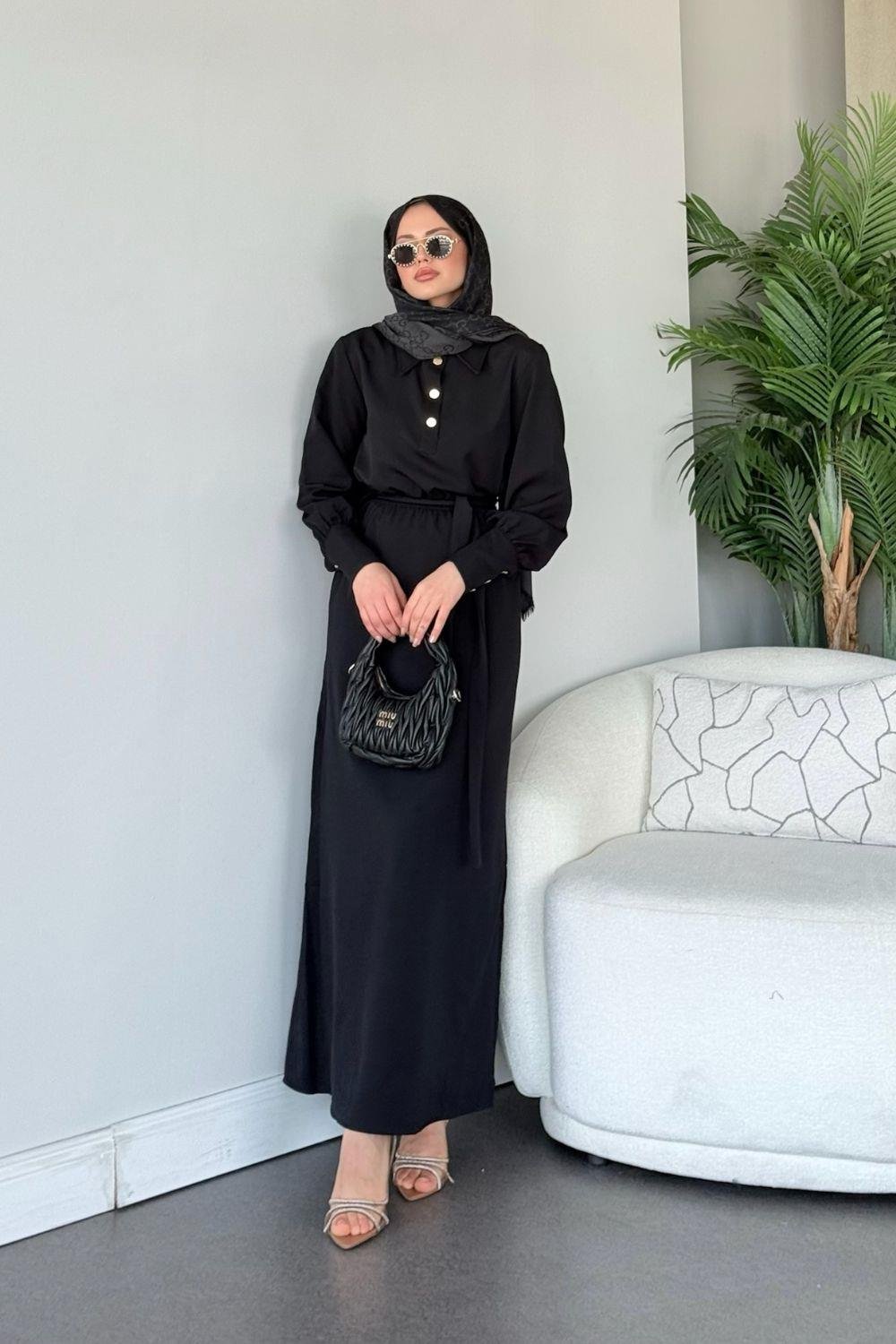 Gold Detaylı Krep Elbise Siyah 1319 