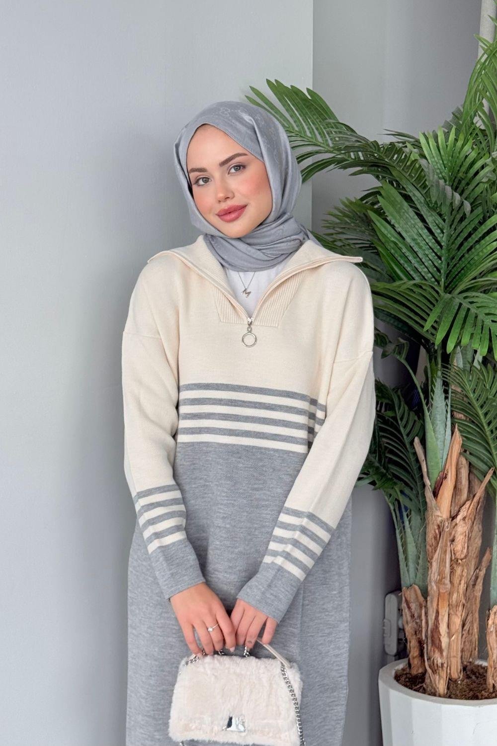 Çizgili Triko Elbise Gri 1366 