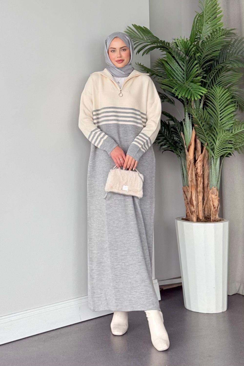 Çizgili Triko Elbise Gri 1366 