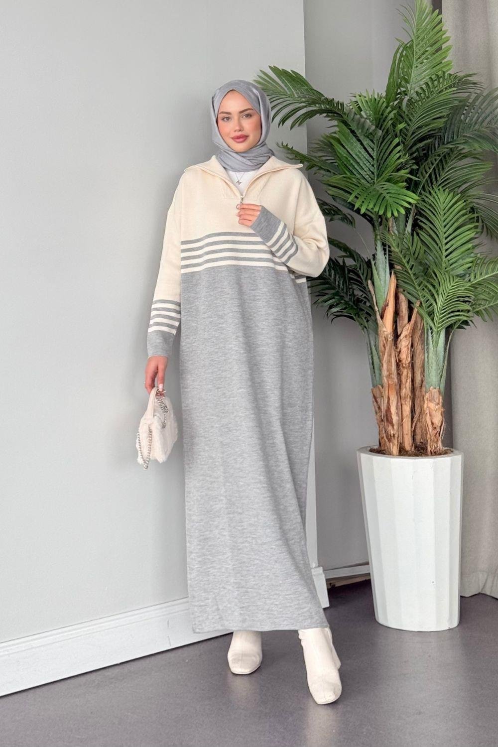 Çizgili Triko Elbise Gri 1366 