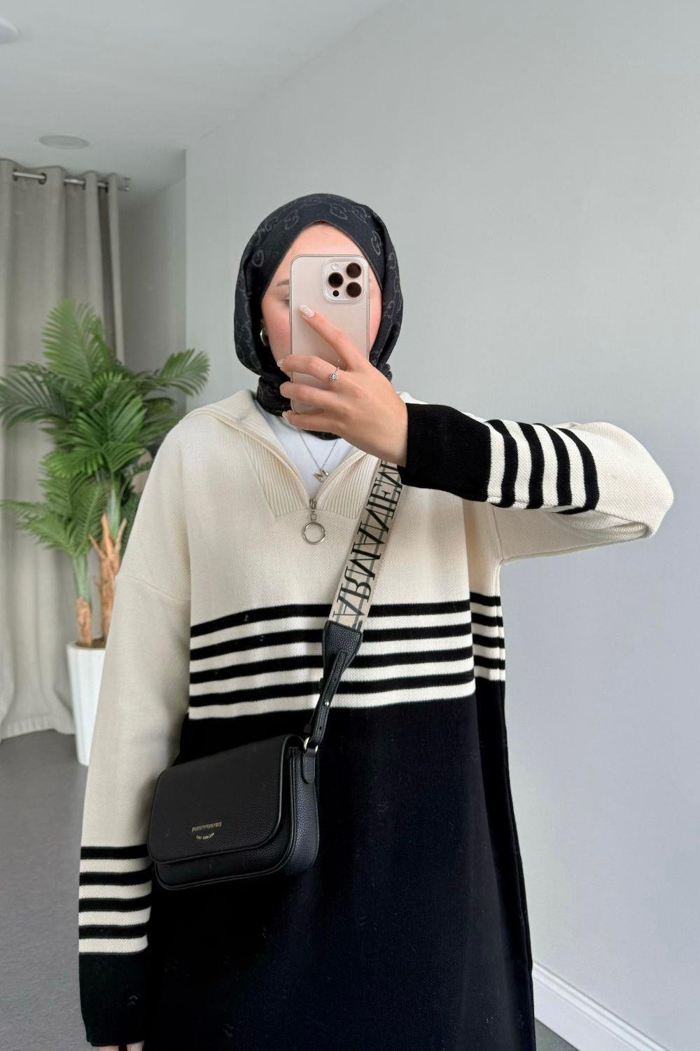 Çizgili Triko Elbise Siyah 1366 